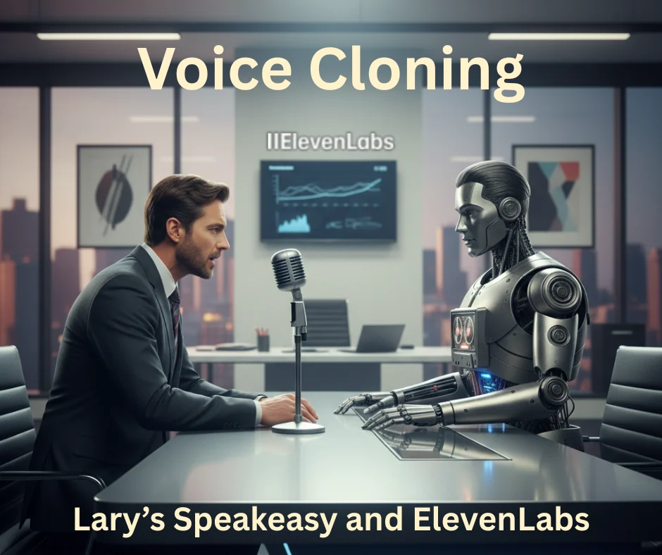 a man sitting at a desk talking into a microphone. Across from him is a robot that resembles him with a tape recorder in it's chest