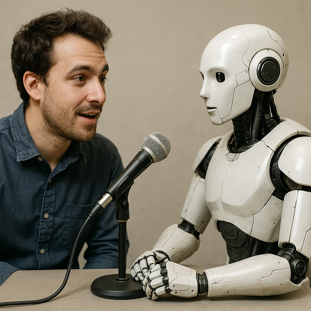 a robot and a person both talking into a microphone. The image represents voice cloning